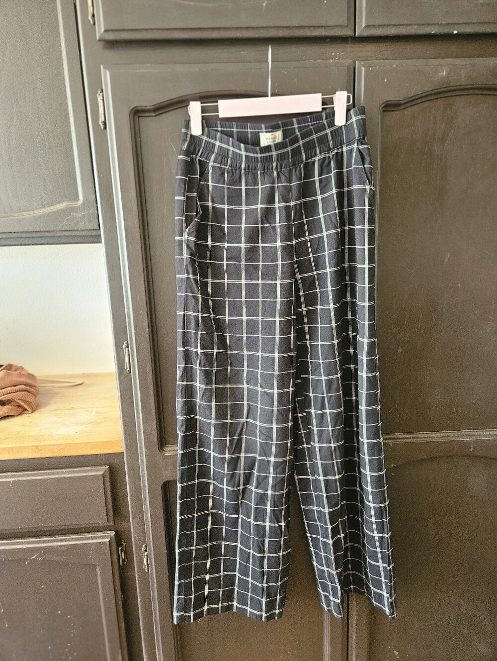 Marine Layer Baggy Wide Leg Elastic Waist Black & White Windowpane Print Pants